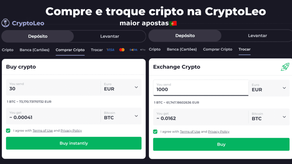 Compre e troque criptomoedas na CryptoLeo casino portugal