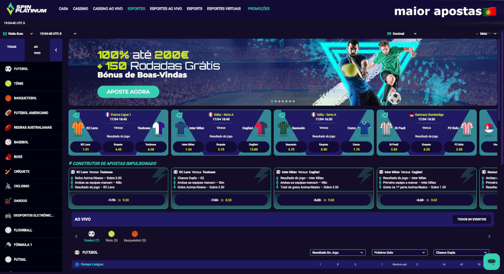 Apostas desportivas ao vivo na plataforma SpinPlatinum