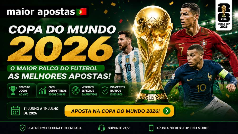 Banner promocional da Copa do Mundo 2026 no Maior Apostas Portugal com apostas desportivas, odds competitivas e mercados especiais